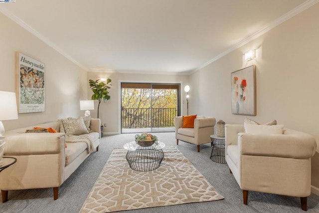 carpeted living room with crown molding