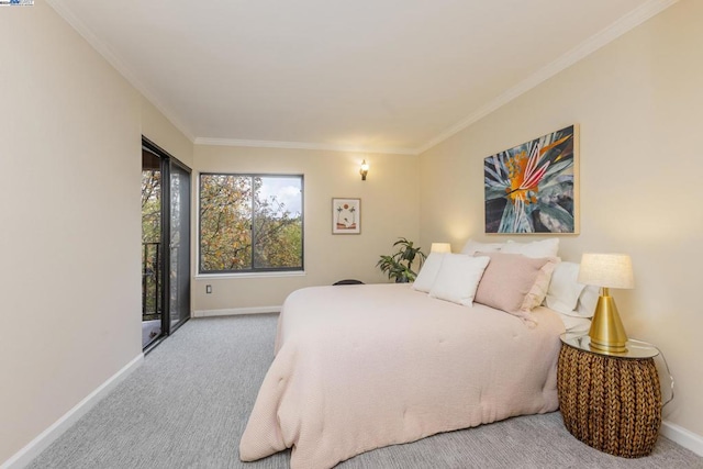 bedroom with access to exterior, crown molding, and light carpet