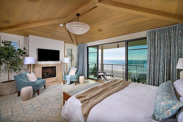 bedroom featuring access to exterior, wooden ceiling, and lofted ceiling with beams