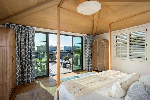 bedroom with access to exterior, lofted ceiling with beams, light hardwood / wood-style flooring, and wooden ceiling