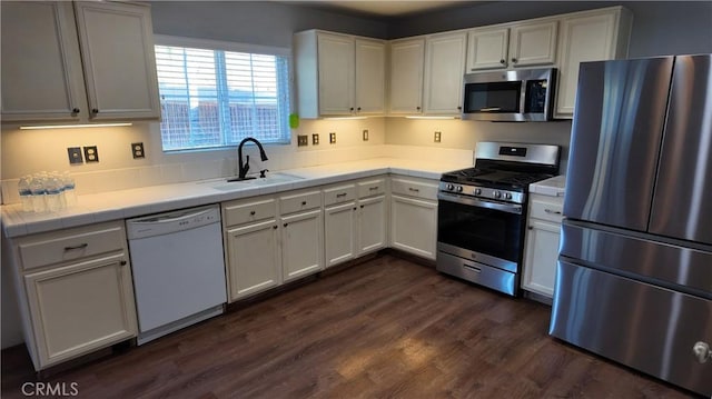 kitchen featuring white cabinetry, sink, dark hardwood / wood-style floors, and appliances with stainless steel finishes