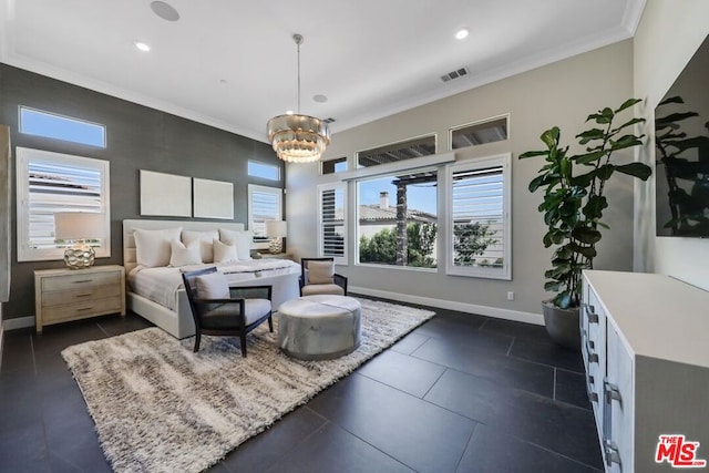 bedroom featuring dark tile patterned flooring, an inviting chandelier, and ornamental molding