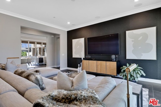 living room featuring tile patterned floors and ornamental molding