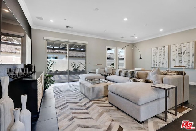 living room with crown molding