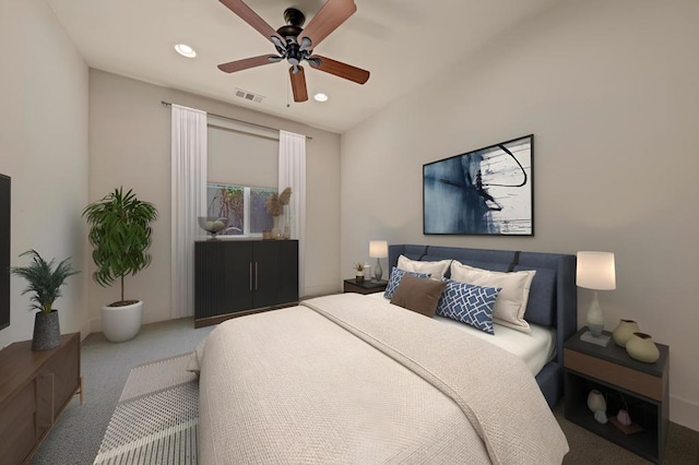 carpeted bedroom featuring ceiling fan