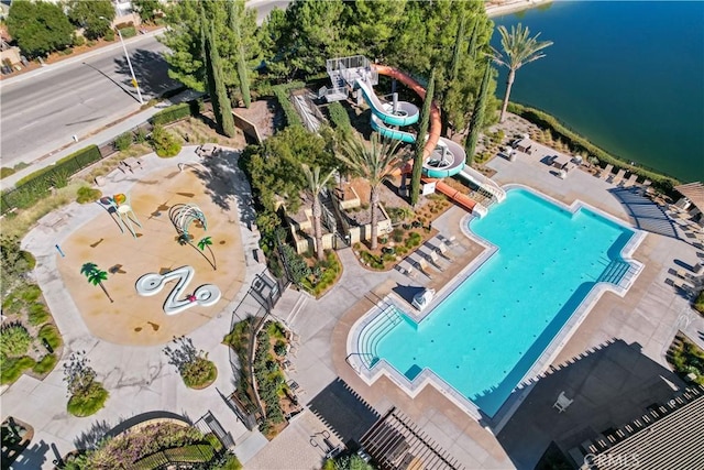 birds eye view of property featuring a water view