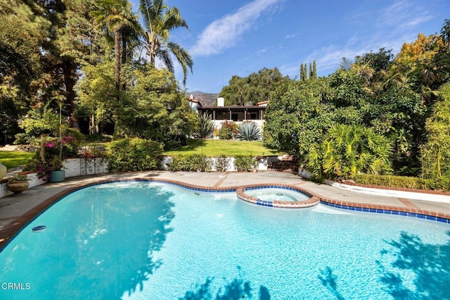 view of swimming pool with an in ground hot tub