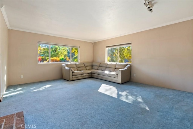 carpeted living room featuring ornamental molding