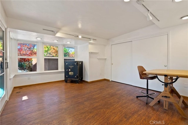 unfurnished office with vaulted ceiling, dark hardwood / wood-style floors, and track lighting