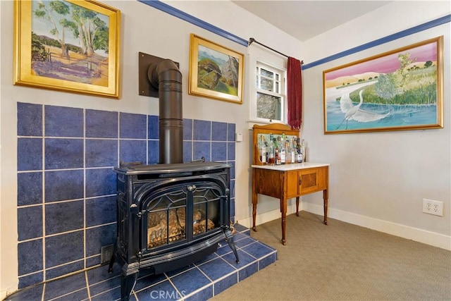 details with carpet flooring and a wood stove