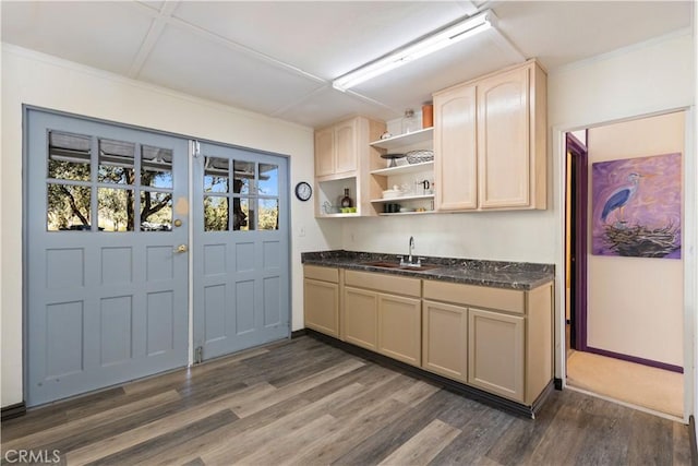 kitchen with dark hardwood / wood-style flooring, ornamental molding, sink, and light brown cabinetry