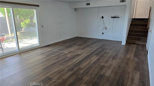3930 Ironwood St, San Bernardino, CA 92404 - empty room featuring baseboards, dark wood-style floors, visible vents, and stairs