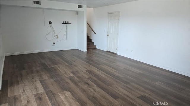 3930 Ironwood St, San Bernardino, CA 92404 - unfurnished living room with dark wood-type flooring, visible vents, baseboards, and stairway