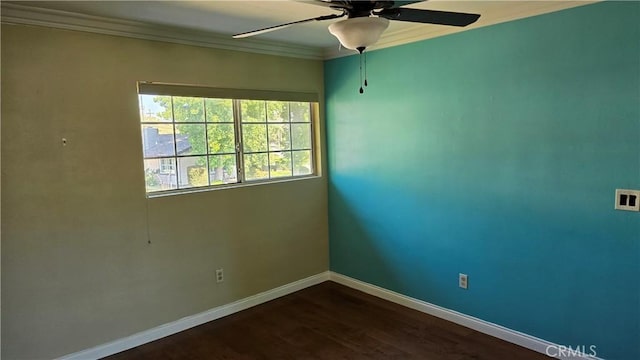 unfurnished room with dark hardwood / wood-style flooring, ceiling fan, and crown molding