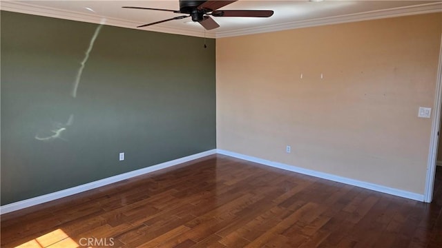 empty room featuring crown molding, ceiling fan, and dark wood-type flooring