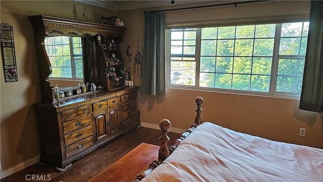 bedroom featuring crown molding, dark wood-type flooring, and multiple windows