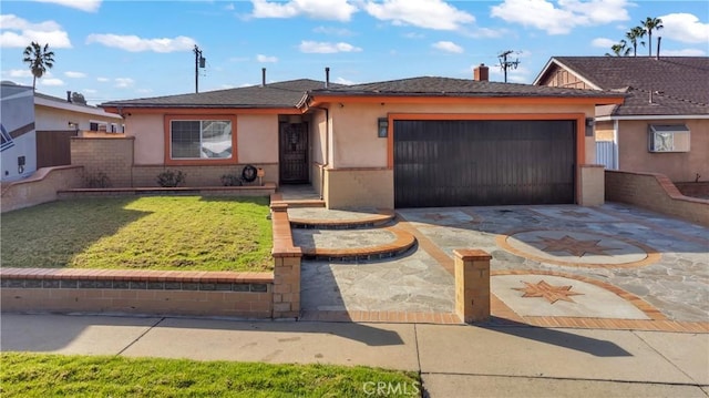 single story home with a garage, concrete driveway, fence, and stucco siding