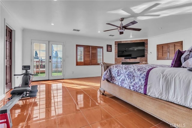 bedroom featuring visible vents, access to exterior, french doors, tile patterned floors, and crown molding