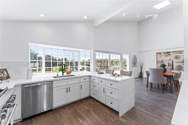 kitchen featuring white cabinetry, sink, dark wood-type flooring, kitchen peninsula, and appliances with stainless steel finishes