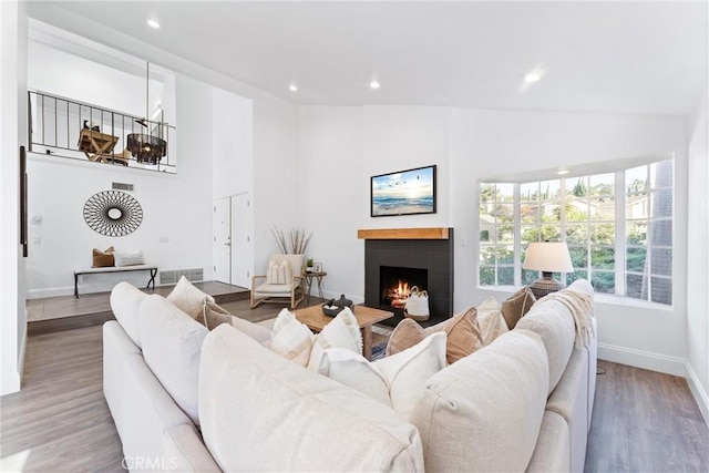 living room featuring a fireplace, high vaulted ceiling, and wood-type flooring