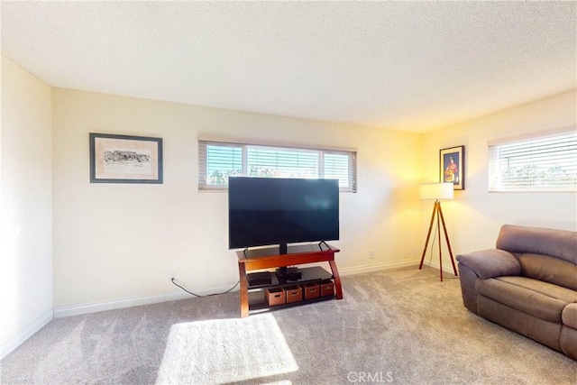 carpeted living room with a textured ceiling