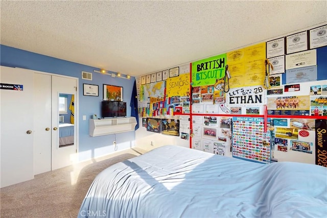 bedroom with carpet floors and a textured ceiling