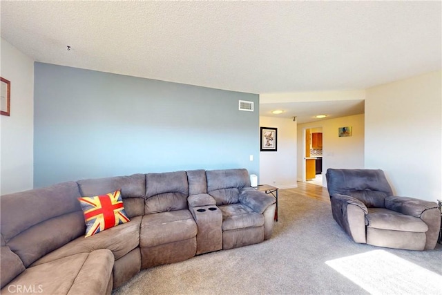 carpeted living room featuring a textured ceiling