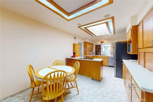 kitchen featuring kitchen peninsula, appliances with stainless steel finishes, a tray ceiling, and sink