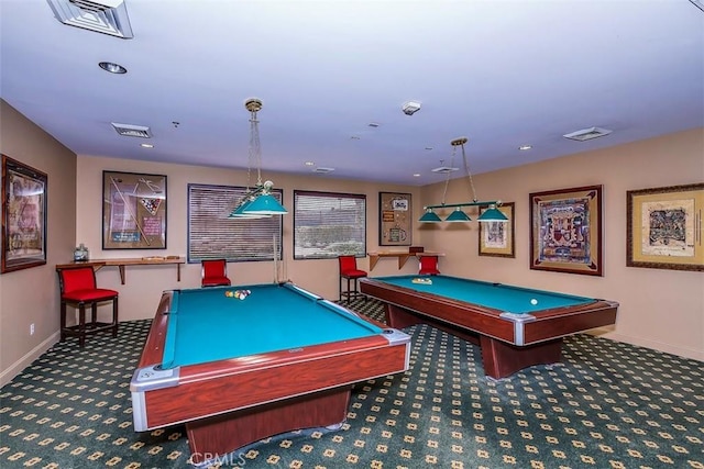 playroom with baseboards, visible vents, carpet flooring, and pool table