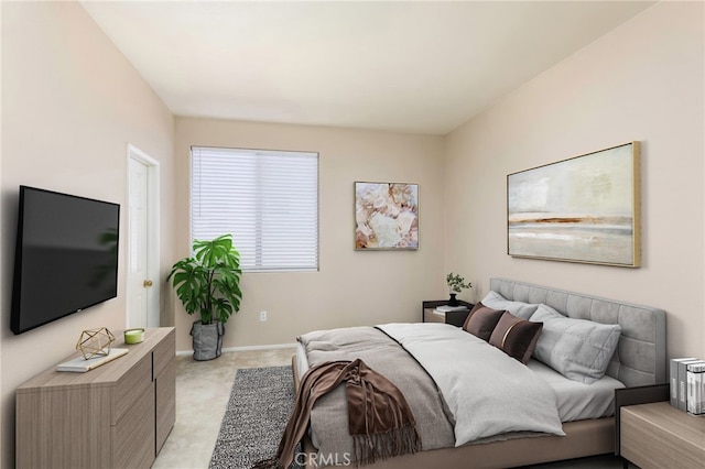 bedroom with baseboards and light colored carpet