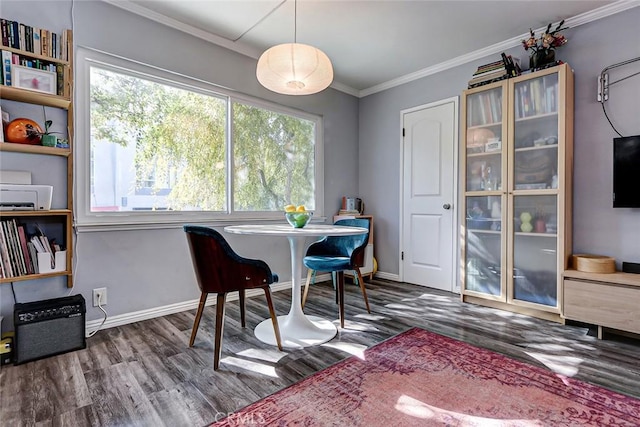 office with dark hardwood / wood-style floors and crown molding