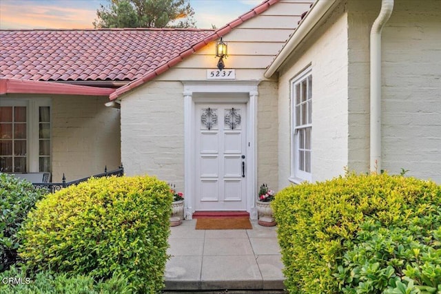 view of exterior entry at dusk