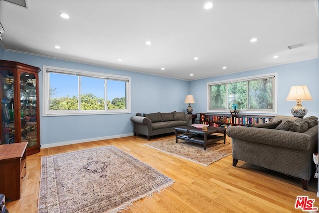 living room with light hardwood / wood-style floors, a wealth of natural light, and ornamental molding