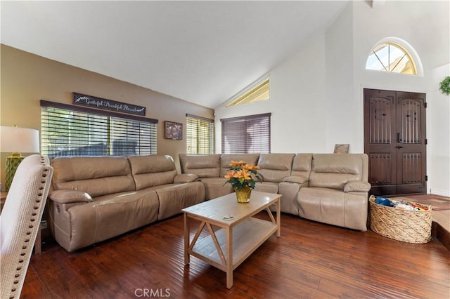 living room featuring dark hardwood / wood-style flooring and high vaulted ceiling