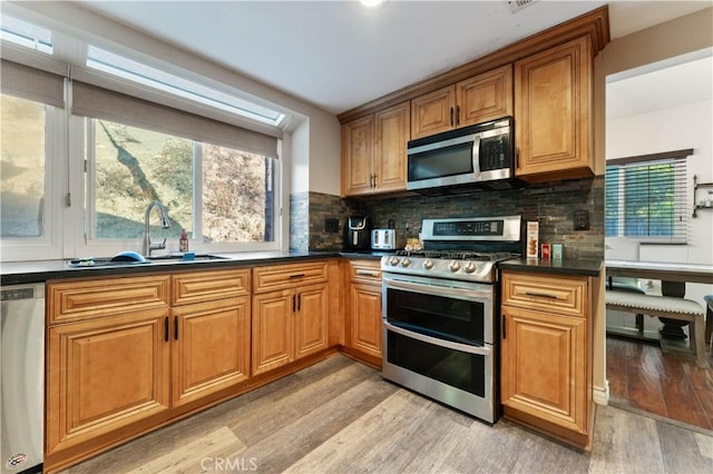 kitchen featuring backsplash, light hardwood / wood-style flooring, stainless steel appliances, and sink