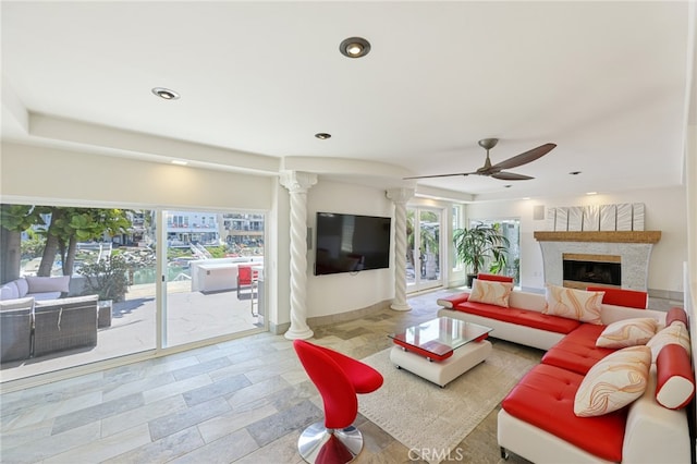 living room with ceiling fan