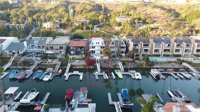 drone / aerial view featuring a water view