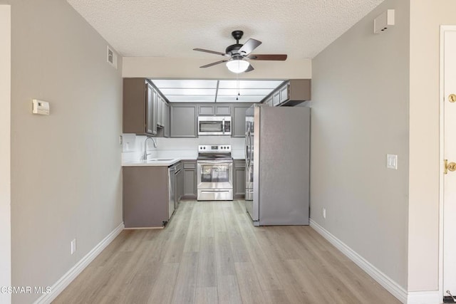 kitchen featuring a textured ceiling, light wood-type flooring, stainless steel appliances, and sink