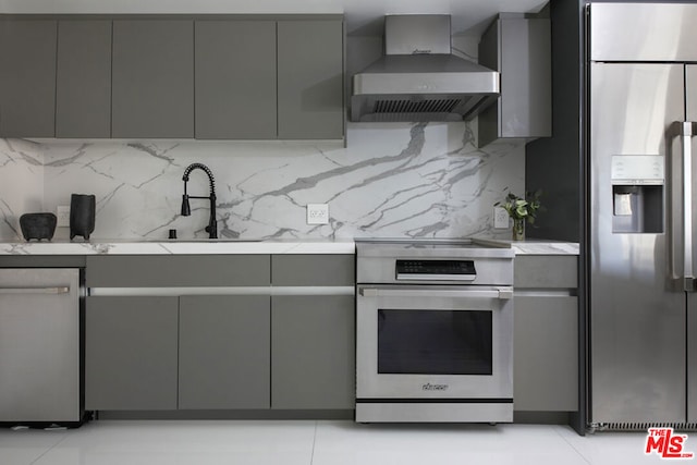 kitchen with sink, stainless steel appliances, gray cabinetry, and wall chimney range hood