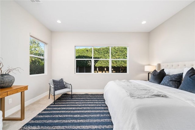 bedroom featuring recessed lighting, visible vents, and baseboards