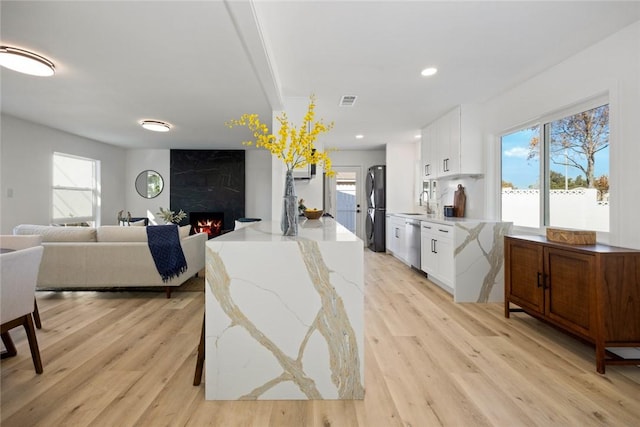 kitchen with white cabinets, stainless steel appliances, light hardwood / wood-style floors, and a premium fireplace