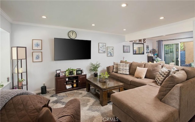 living room with ornamental molding and light carpet