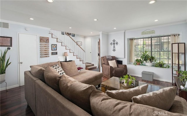 living room with crown molding and dark wood-type flooring