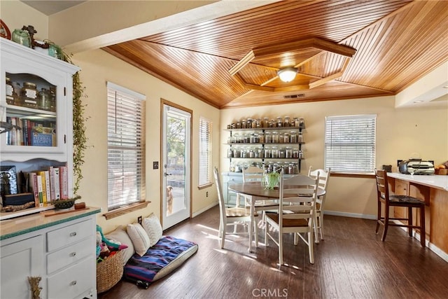 dining room with dark hardwood / wood-style flooring, a wealth of natural light, crown molding, and wood ceiling