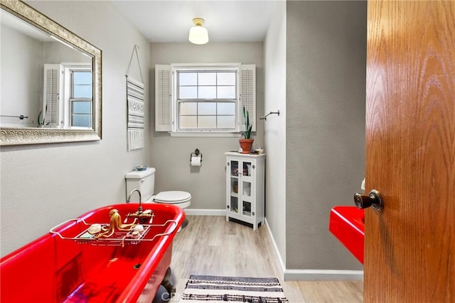 bathroom with toilet and hardwood / wood-style flooring