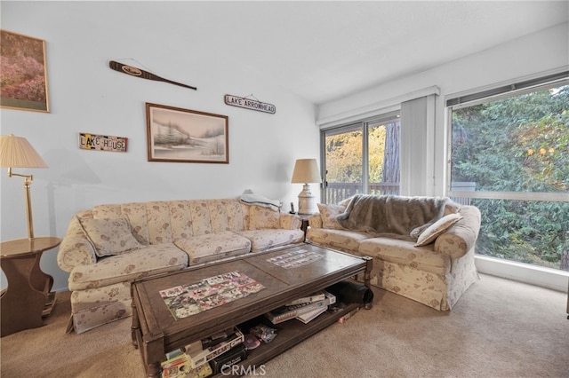 living room with light carpet and lofted ceiling