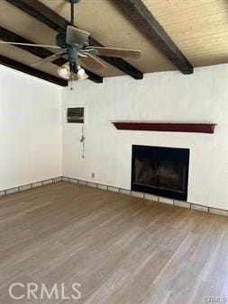 unfurnished living room featuring beam ceiling, wood ceiling, and hardwood / wood-style flooring