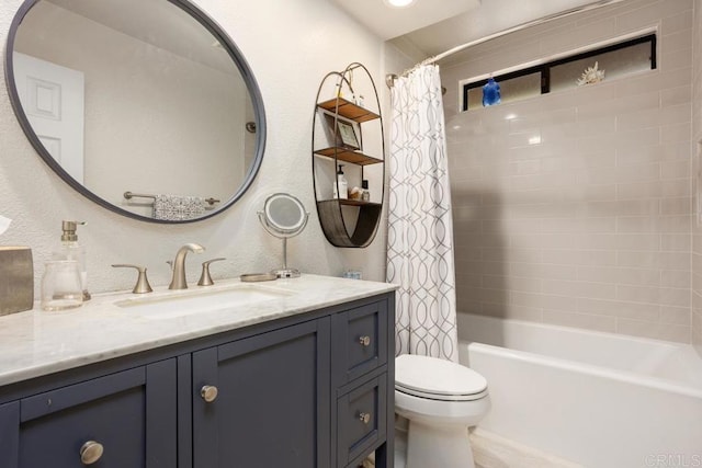 full bathroom with vanity, toilet, and shower / bathtub combination with curtain