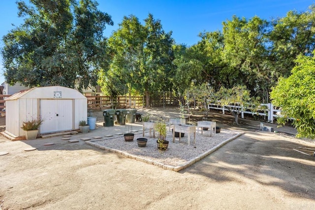 view of patio with a shed