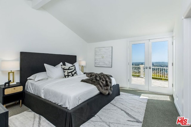 carpeted bedroom with access to outside, french doors, and lofted ceiling with beams